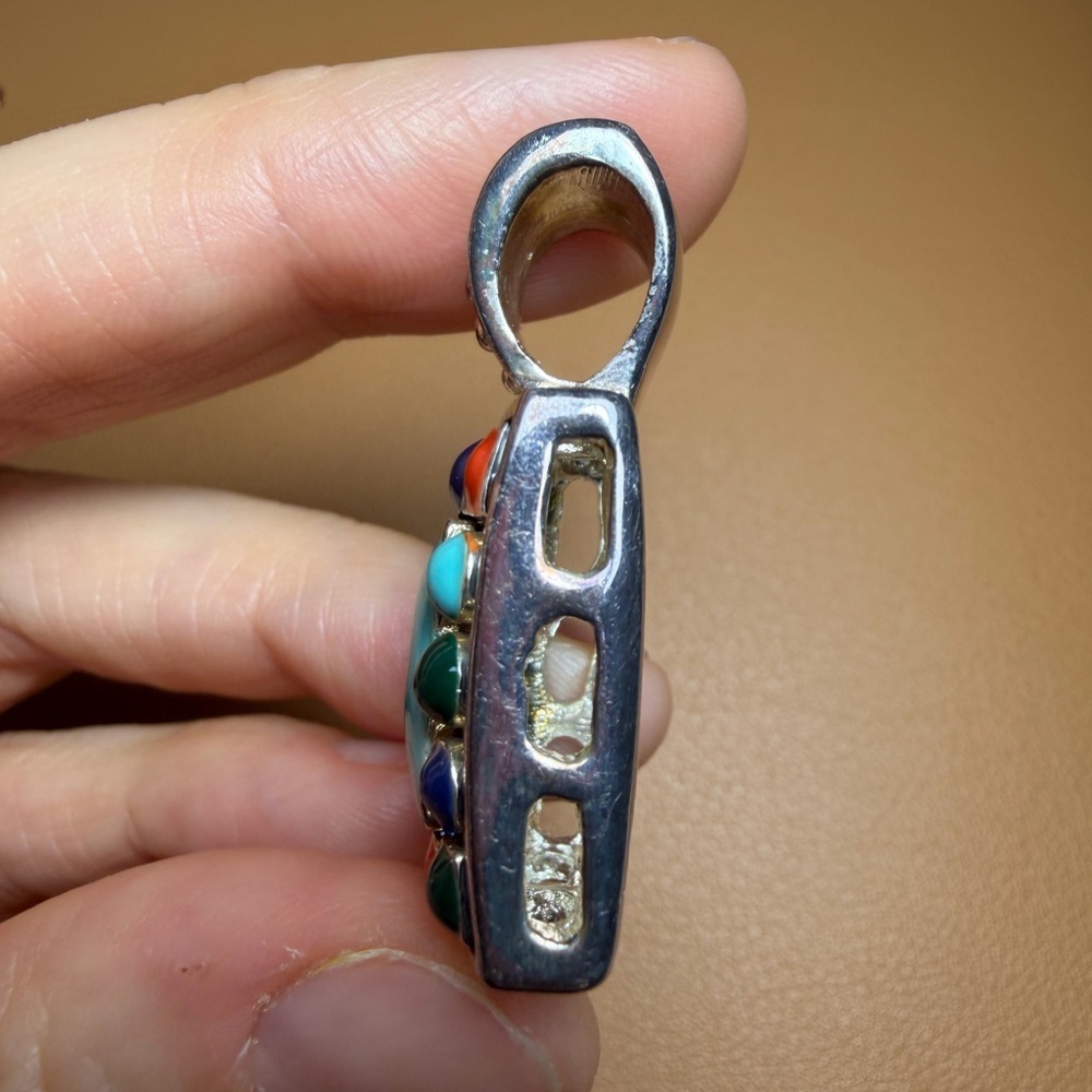 Vintage Style Sterling Silver Tone Turquoise Multi-Gemstone Pendant - Picture 2 of 9